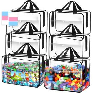 Pydeeirom Toy Storage Bags 3Packs, Kids Toy Storage Organizer with Zipper and Labels, PVC Clear Bags for Board Games, Books, Puzzles, Building Blocks (Large, Black)