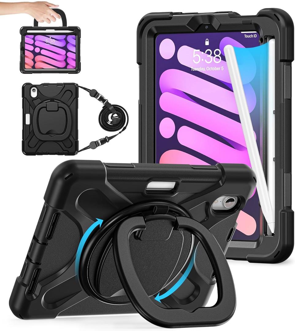 BATYUE Case for iPad mini 7 A17 Pro 2024/iPad Mini 6 2021 8.3 Inch with Pencil Holder, 360 Rotating Stand, Shoulder Strap, Handle Grip, Shockproof Rugged Case for iPad mini 7th/6th Gen, Black