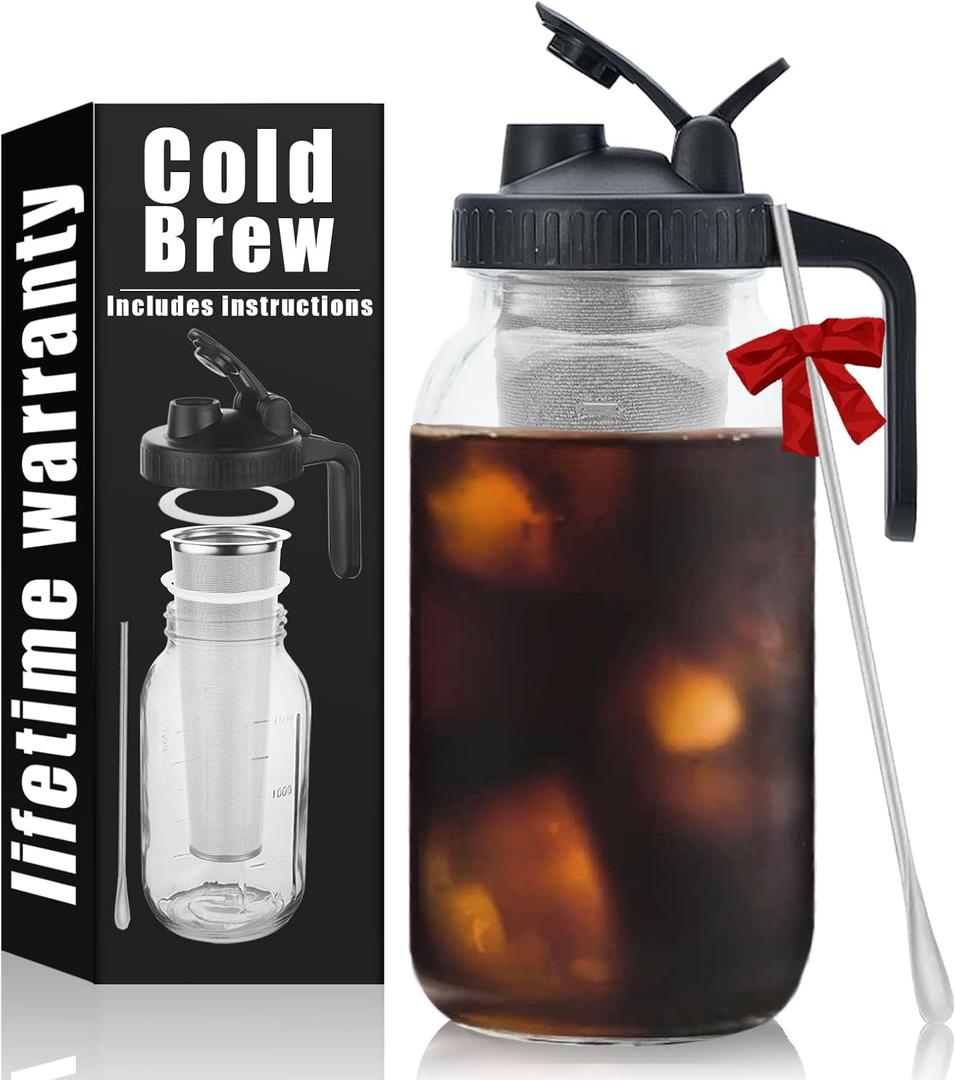 Cold Brew Mason Coffee Maker - 64oz Iced Coffee Pitcher with Stainless Steel Mixing Spoon & Super Dense Filter 3 Steps Finish Cold Brew Coffee, Classic BPA Free Sturdy Mason jar Pitcher Easy to Clean (Black)