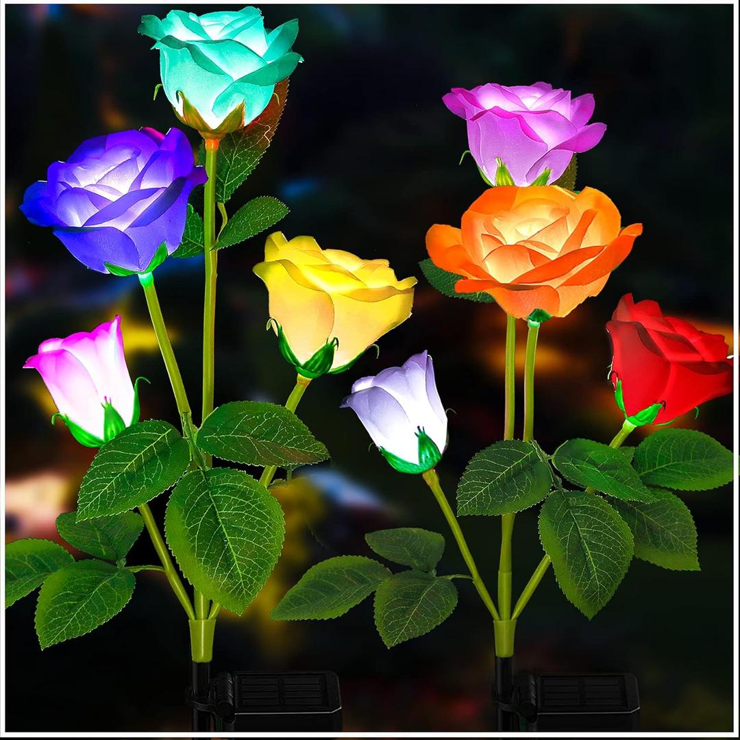 TONULAX Solar Garden Lights - Upgraded Outdoor Light, 7-Color Changing Rose Lights for Yard,Garden Decoration, Enlarged Solar Panel, More Realistic Rose Flower (2 Packs)