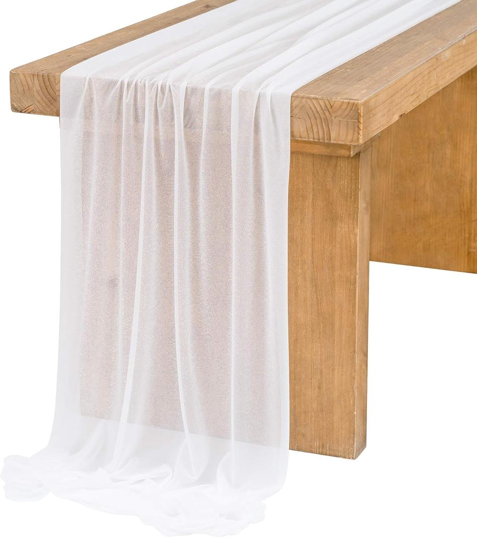 Ling's Moment 14Ft Chiffon Table Runner, Brilliant White Sheer Table Runners with Silver Sparkle for Rustic Boho Wedding Party Bridal Shower Decorations Birthday Party