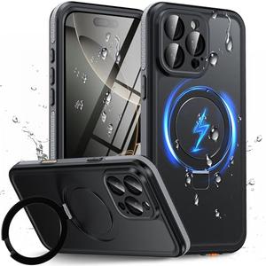 Oterkin Magnetic Waterproof for iPhone 16 Pro Case with[Built-in Screen Protector][Invisible Stand][Fit for MagSafe][360ºFull Body Sealed] Heavy Duty Rugged IP68 Underwater Case for iPhone 16 ProBlack