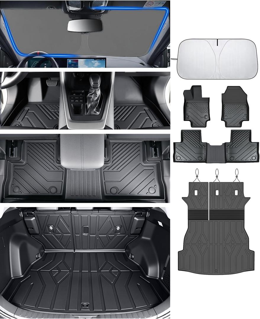 Floor Mats for Toyota RAV4 2019-2023 2024 2025 (Not for Hybrid), All Weather Protection Custom Floor Mats Trunk Cargo and Car Windshield Cover Set for Car Accessories,Car Floor Liners Set