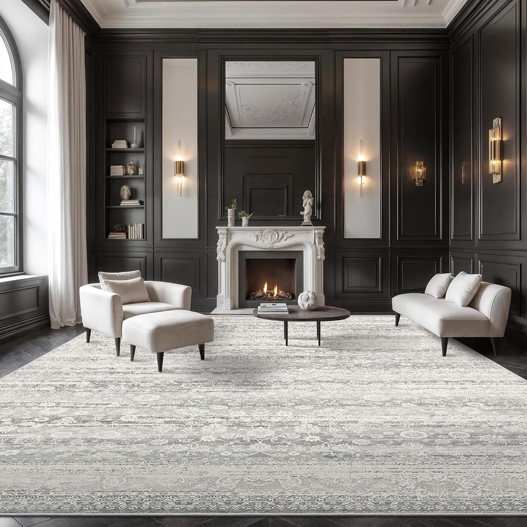 8x10 Washable Area Rug - Stain Resistant Machine Washable Floral Abstract Rug, Soft Thin Non-Shedding Carpet with No Slip Backing for Living Room Bedroom - Ash Grey (8'x10')