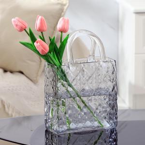 Purse Vase, Black Bag Vase, Glass Purse Vases for Flowers, 12 Inch Large Glass Flower Vase with Embossed Pattern for Wedding, Living Room, Bedroom, Table, Office(Tote)