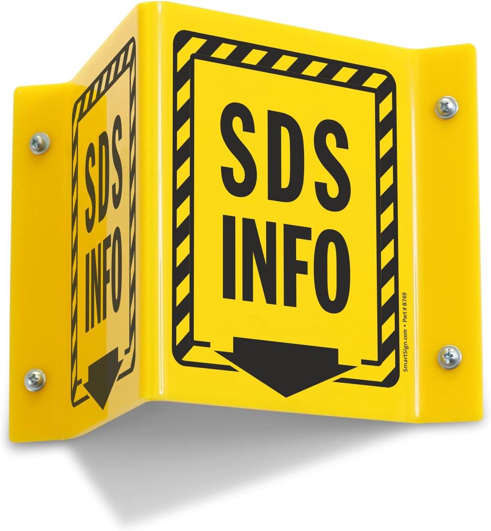 SmartSign "SDS Info" Two-Sided V-Shaped Projecting Sign with Down Arrow and Striped Border, 6 x 5 inch, 120 mil Polished Acrylic, Black and Yellow, Made in USA