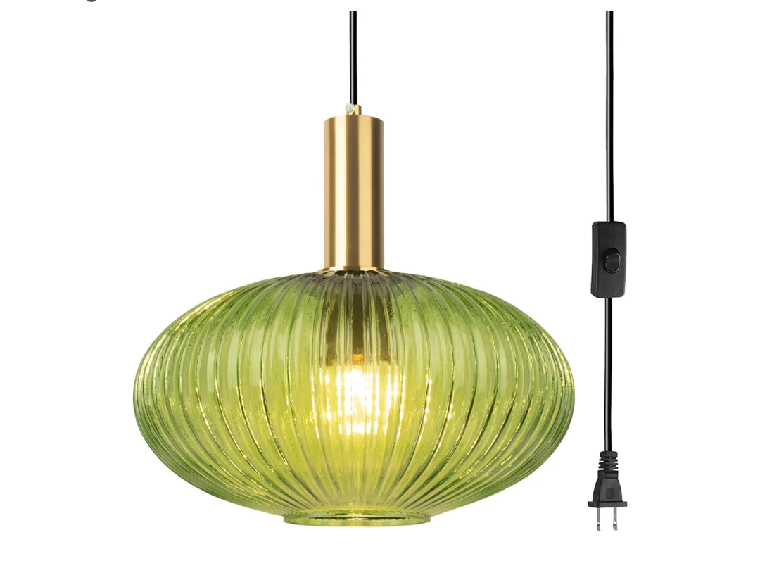 Pobllem 11.8" Large Globe Hanging Pendant Light with Plug in Cord, Green Glass Hanging Light Plug in, Mid Century Hanging Ceiling Light Plug in Chandelier Lighting for Kitchen Dining Room Bedroom