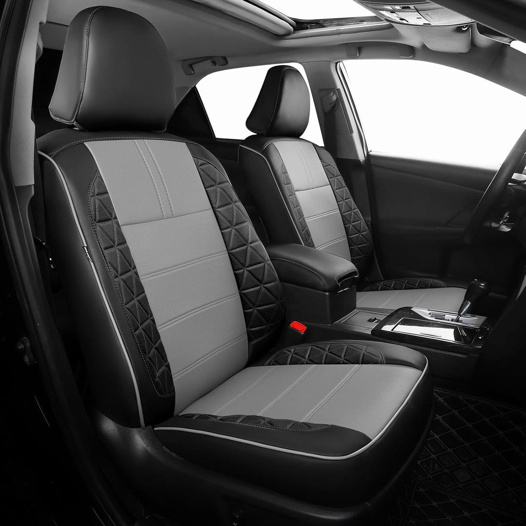 FREESOO Toyota Camry Seat Covers Full Set Custom Fit for L/LE/XLE 2017 2016 2015 2014 2013 2012 Models, Premium Waterproof Leather Car Seat Protectors (Black Grey)