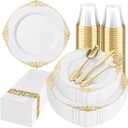Hioasis 175pcs White and Gold Plates - White Party Plates for 25 Guest, Include 50 Heavy-duty Plates(20% Thicker Than Standard), 25 Cutlery Set, 25 Napkin, 25 Cups