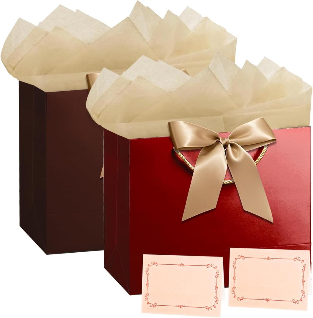 PrintGuru 13 Large Gift Bag with Tissue Paper and Greeting Card, Birthday Gift Bag with Handles and Bow Ribbon for Birthday Party Wedding Bridal Shower Gifts, 13W x 10.2 H x 4.9D (Glossy Red and Glossy Brown, 2 Pack)