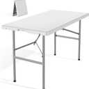 DUMOS 4 Feet Folding Picnic Table, Plastic Table with Carrying Handle, Heavy Duty Portable Table for Camping Party, White