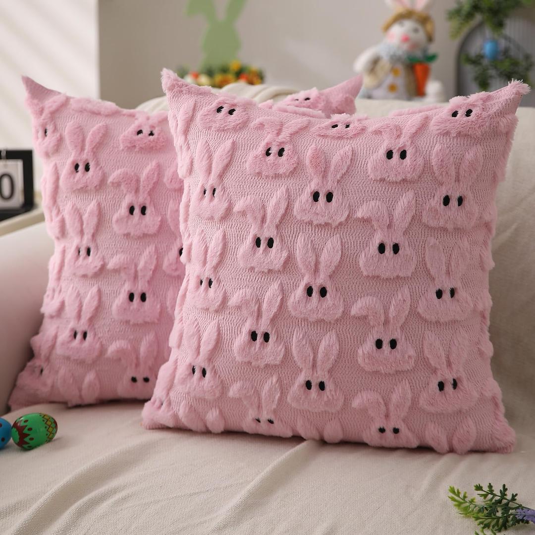 DFXSZ Easter Pillow Covers 16x16 inch Set of 2 Easter Decoration Pink Rabbit Soft Plush Faux Fur Jacquard Throw Pillows for Bedroom Sofa Holiday Festivals Home Decor FHJ-07B16 (16" x 16" (Pack of 2))