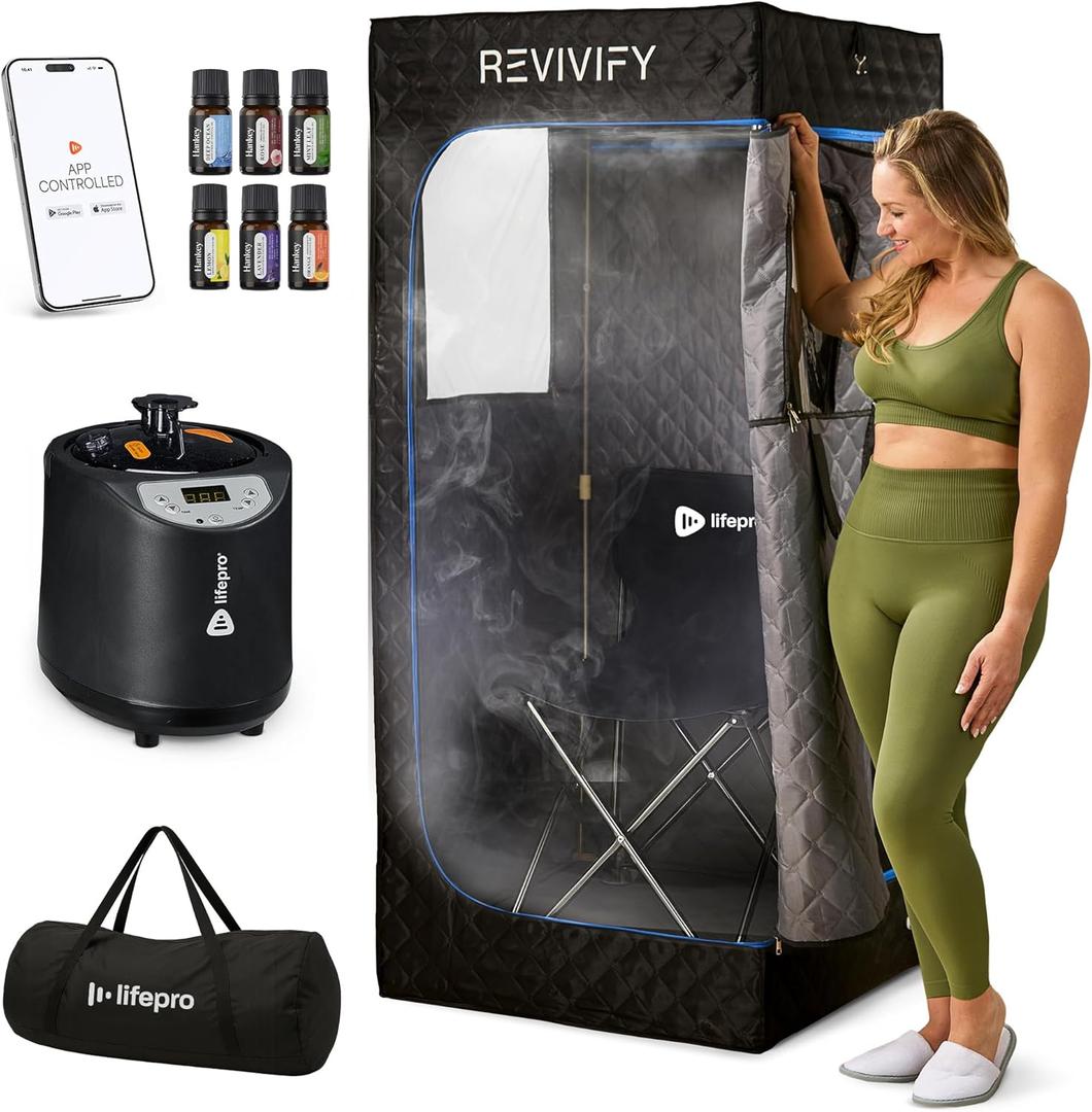 LifePro Revivify Mini Portable Sauna for Home with 2.6L Steamer, Essential Oils and App Control  Full Body Steam Room with Adjustable Heat Levels & Timer  Easy-to-Use at Home Sauna Tent Portable