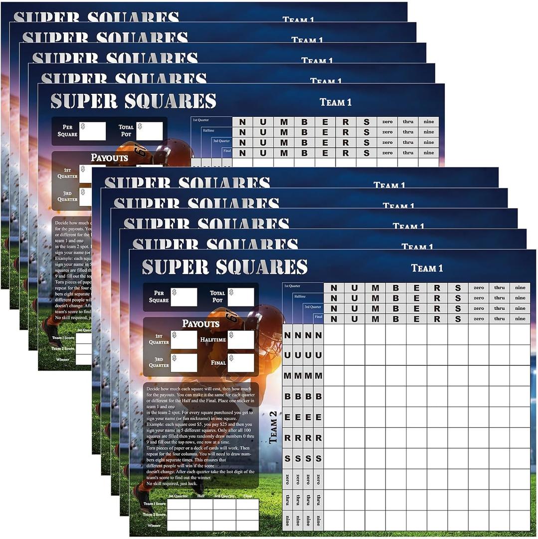 10 Pcs Large Football Squares Pool Board Football Pool Poster 100 Grids 18.9 x 26.8 Inch Game Party Supplies 2026 for Sports Party Decorations