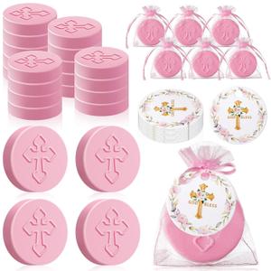 24 Pcs Cross Soap Baptism Favors Set Baby Baptism Favor Scented Soap Favors for Baby Shower Christening Communion Wedding Bridal Party Guests Decoration (Pink)