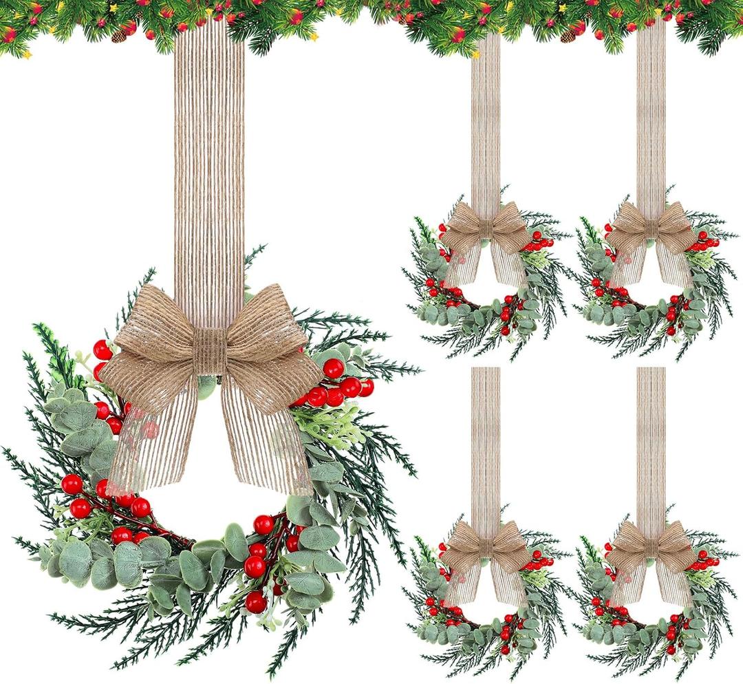 Hotop 4 Set Mini Wreaths for Kitchen Cabinet 12 Inch Small Christmas Wreath with Burlap Ribbon Red Berry and Eucalyptus Leaves for Xmas Window Front Door Fireplace Chair Farmhouse Hanging Decor
