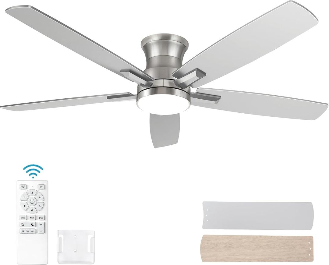 52 Inch Flush Mount Brushed Nickel Ceiling Fan with Light and Remote Control.Noiseless,Dimmable,3CCT,6 Speeds Reversible, Low Profile DC Ceiling Fans for Indoor or Covered Outdoor Use, ETL Listed