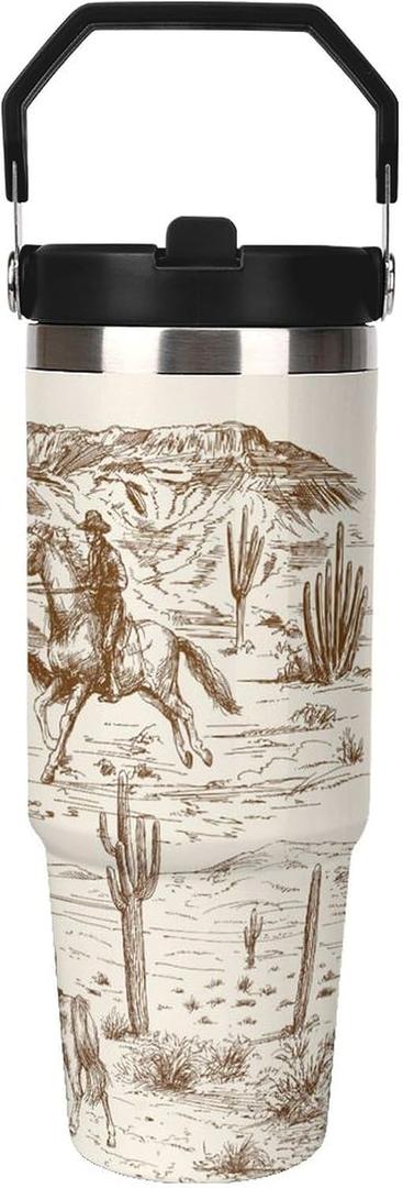 Cowboy Tumbler with Handle Flip Straw Western Desert 30oz Insulated Stainless Steel Cup Vintage Travel Coffee Mug Water Bottle for Women (Beige)