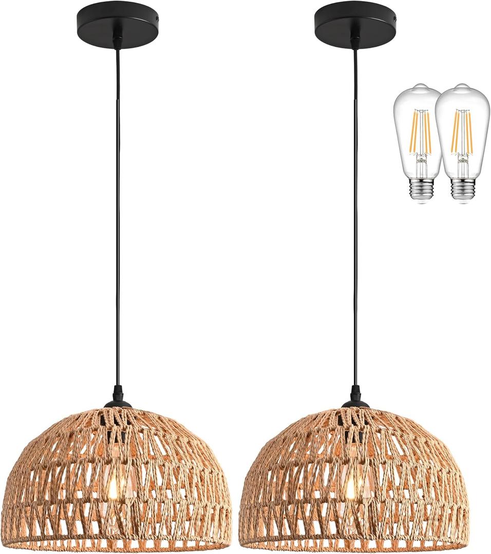 2 Pack Hemp Rope Woven Pendant Light Woven Light Fixture Boho Chandelier Light Fixture Wicker Pendant Lights Rattan Dome Wicker Chandelier for Dining Room Kitchen Island (Bulb Incl., 12.2 inches