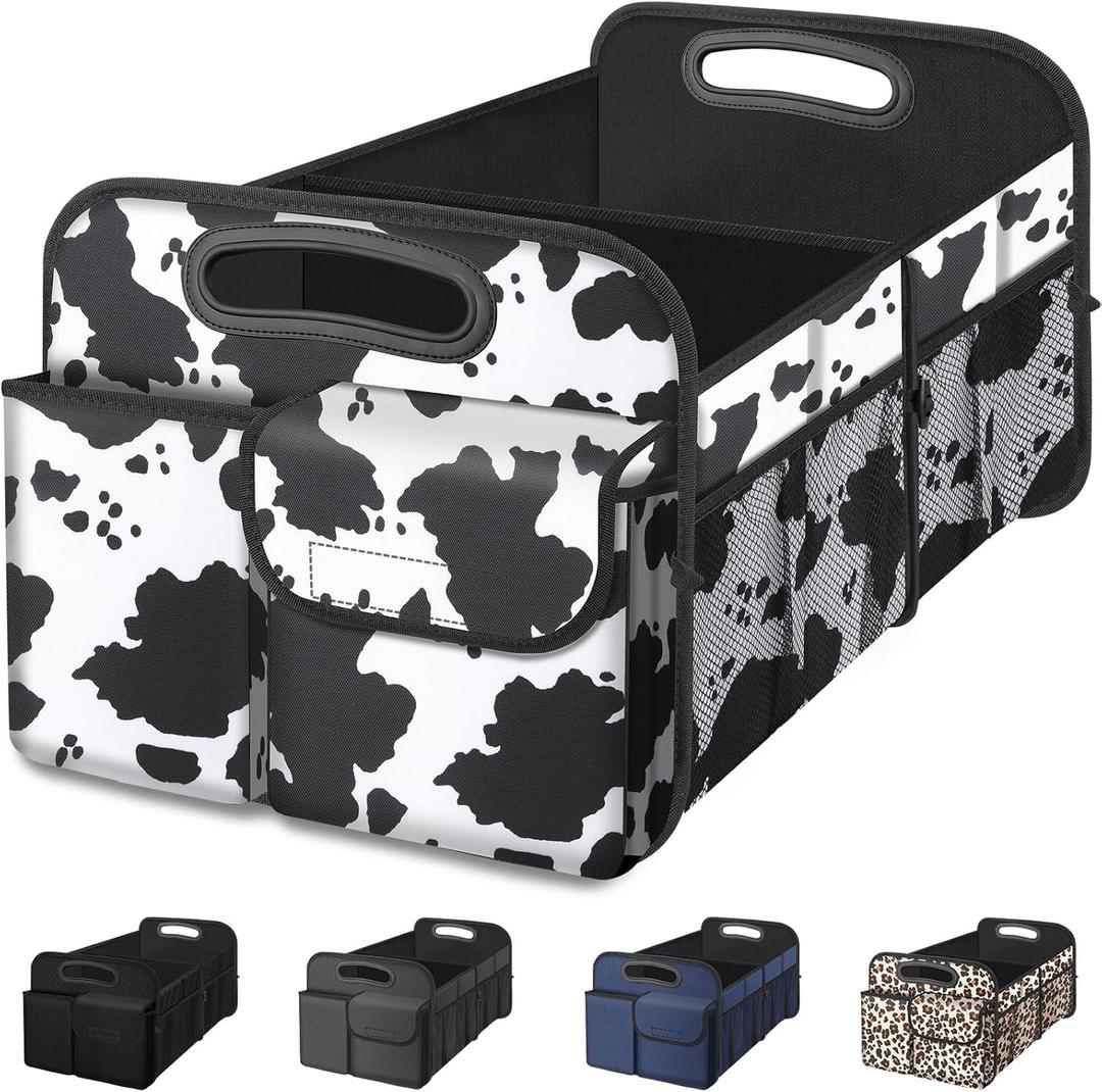 Femuar Car Trunk Organizer, Cow Print, Vintage Style, 52L Capacity, 4 Compartments, Waterproof, Non-Slip, Collapsible, 22.5"D x 18"W x 10.8"H