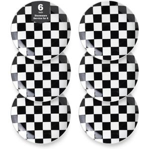 Black and White Checkered Small Dessert Plates Set of 6-6 Inch Ceramic Plates, Microwave & Dishwasher Safe, Minimalist Decorative Platters for Desserts