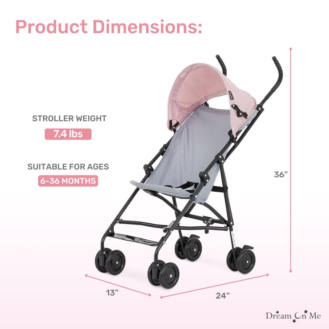 Dream On Me Aero Travel Umbrella Stroller, 1-Hand Fold, Lightweight, Pink
3 Point Safety Harness, Dual Brakes, Adjustable Removable Canopy, Sturdy Steel Frame, Compact, For Toddlers 6-36 months