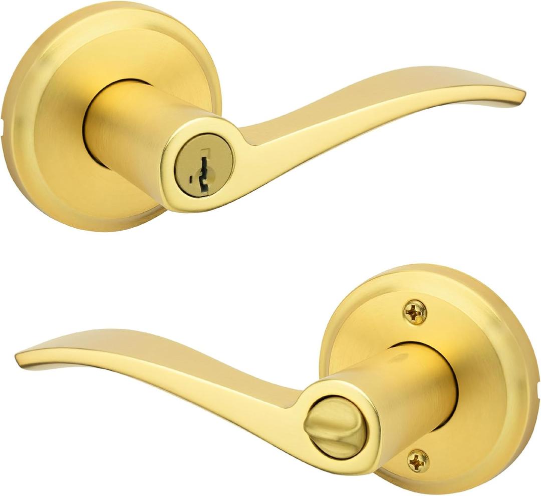 Kwikset Sedona Entry Door Handle with Lock and Key, Secure Keyed Reversible Lever Exterior, for Front Entrance and Bedrooms, Satin Brass, Pick Resistant Smartkey Rekey Security and Microban