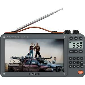720P 7Inch Screen AM FM Movie Video Radio with Bluetooth Speaker, Rechargeable Digital Shortwave MP3 MP4 Player Radio, Support USB/Micro SD Card, Loud Speaker and Headphone Jack (NO TV) (Grey)