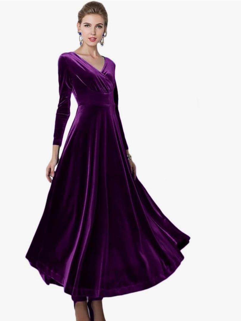 Urban CoCo Women Long Sleeve V-Neck Velvet Stretchy Long Dress, 2XL