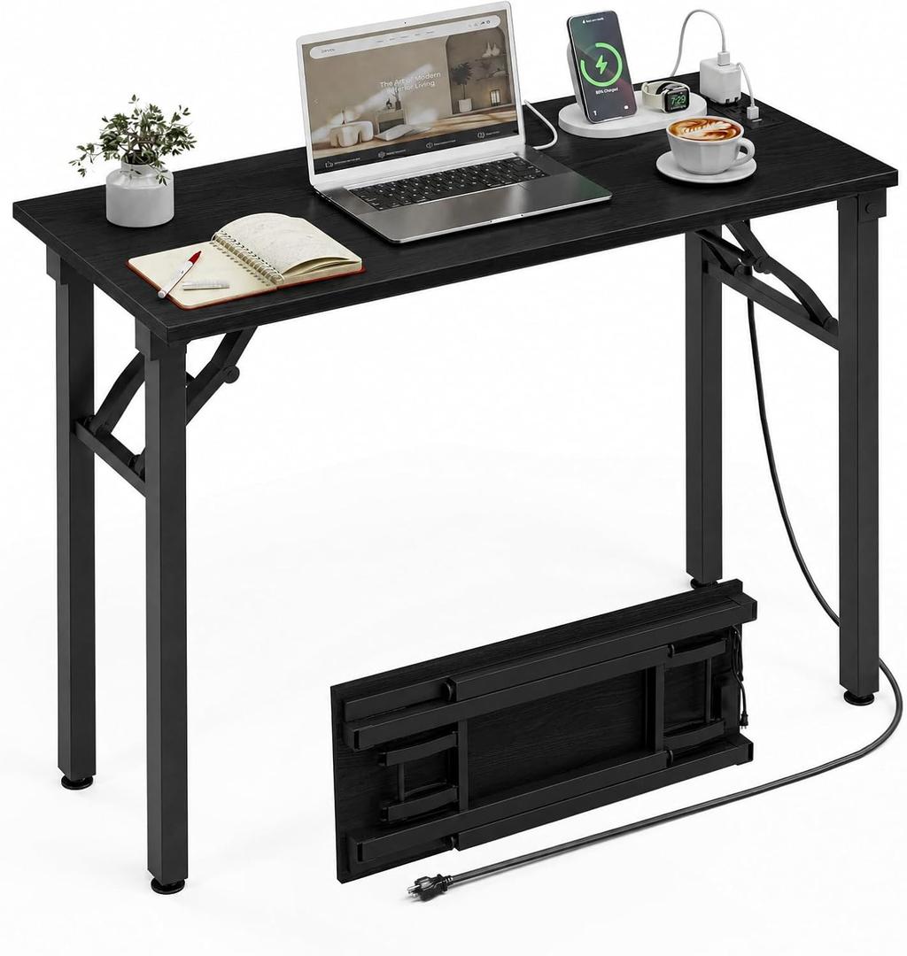XBurmo Small Folding Desk Folding Table, No Assembly Foldable Desk Gaming Desk, 35.8-Inch Computer Table Workstation with 2 AC Outlets and 2 USB Ports for Bedroom and Home Office, Dark Oak, 35.8 x 15.7 Inch
