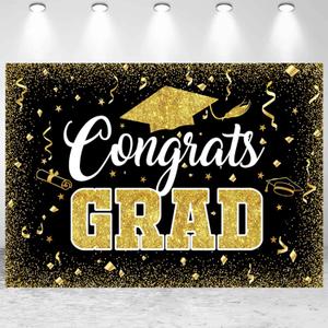 10x8ft Congrats Grad Backdrop Black Gold Class of 2026 Graduation Photography Background for 2026 Congratulation Graduate School Prom Party Banner Decorations Photo Studio Props