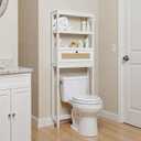 Over The Toilet Storage Cabinet, 3-Tier Bathroom Organizer with Rattan Door, Wooden Space Saver for Restroom, Bathroom, Laundry (White-Black)