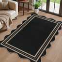 Scalloped Easy Jute 3x5 Outdoor Rug, Washable Rugs for Entryway Black Front Door Mat, Farmhouse Neutral Non Slip Indoor Carpet for Patio Living Room Backyard