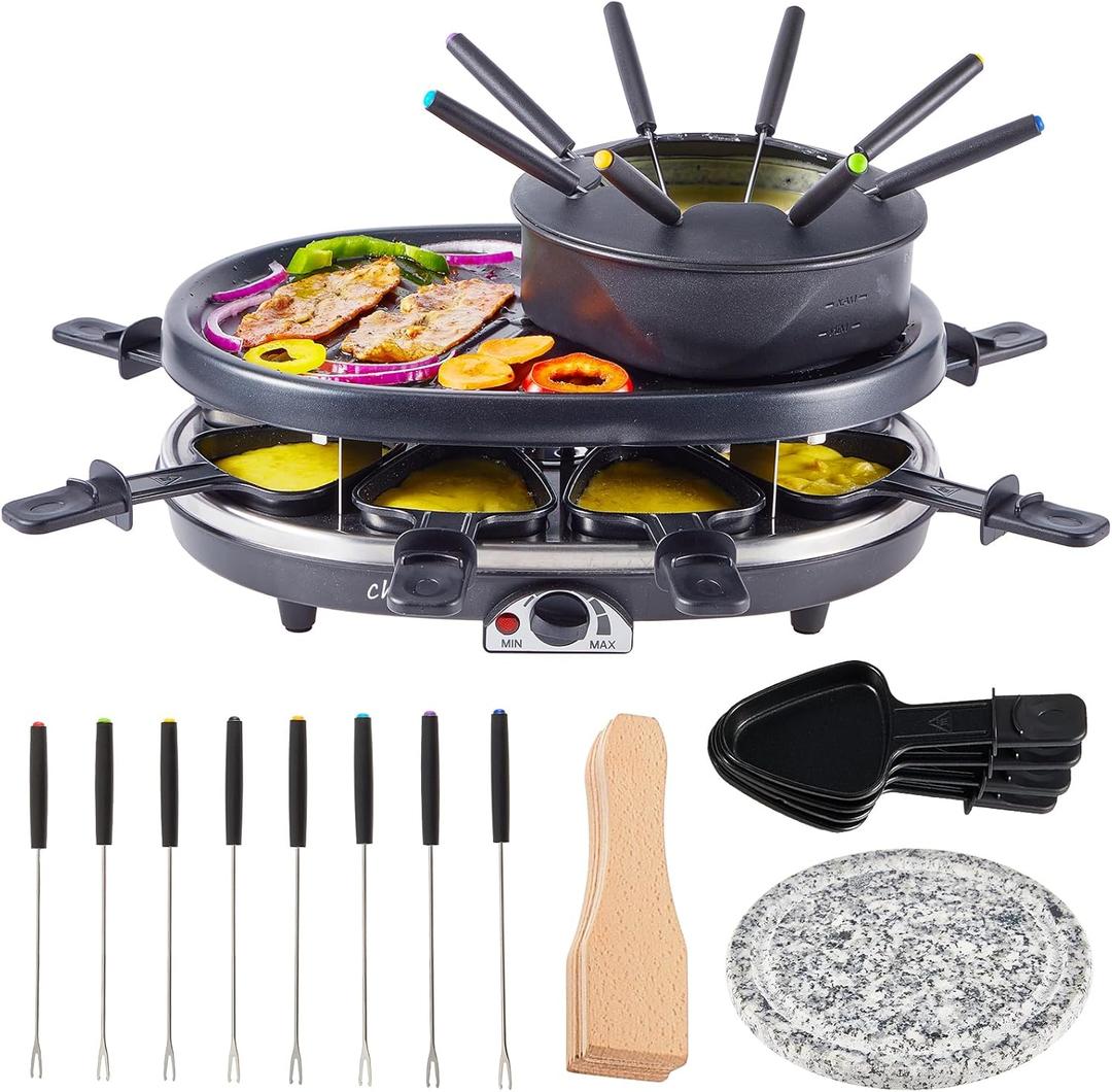 Electric Fondue Pot Set,Cheese Fondue Pot and Chocolate Fondue Kit,Portable BBQ Grill with Raclette Grill Plate,8 Fondue Forks,8 Small Nonstick Pans for 8 People Parties
