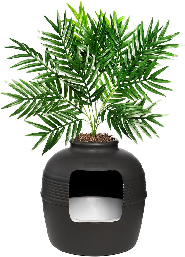 Good Pet Stuff Hidden Litter Box Planter, Decorative Cat Litter Enclosure with Carbon Filter, Artificial Plant, Easy Clean, Indoor Design, Original Round Style, Essentials Kit, Black Suede
