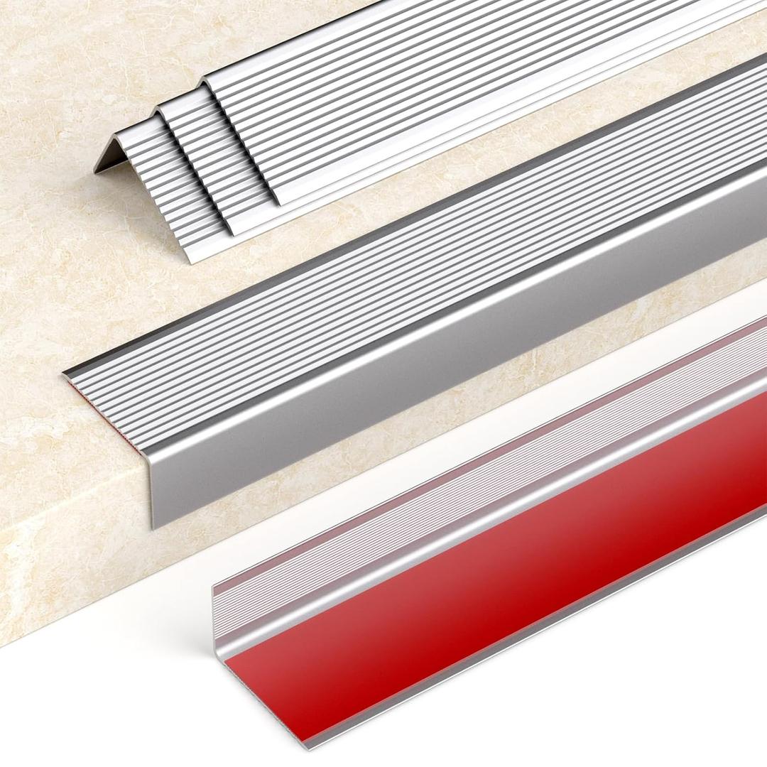 5 Packs 48" Aluminum Stair Nosing, Peel and Stick Stair Treads Staircase Stair Edge Protector Stair Nose Molding Trim for Indoor & Outdoor and Waterproof (Silver)
