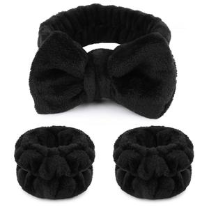 WSYUB Makeup Headbands, 1pcs Black Spa Headband Fluffy Bow Tie Headband Microfiber Face, and 2Pcs Wrist Spa Wash Band Absorbent Wristbands, for Washing Face Skin Care