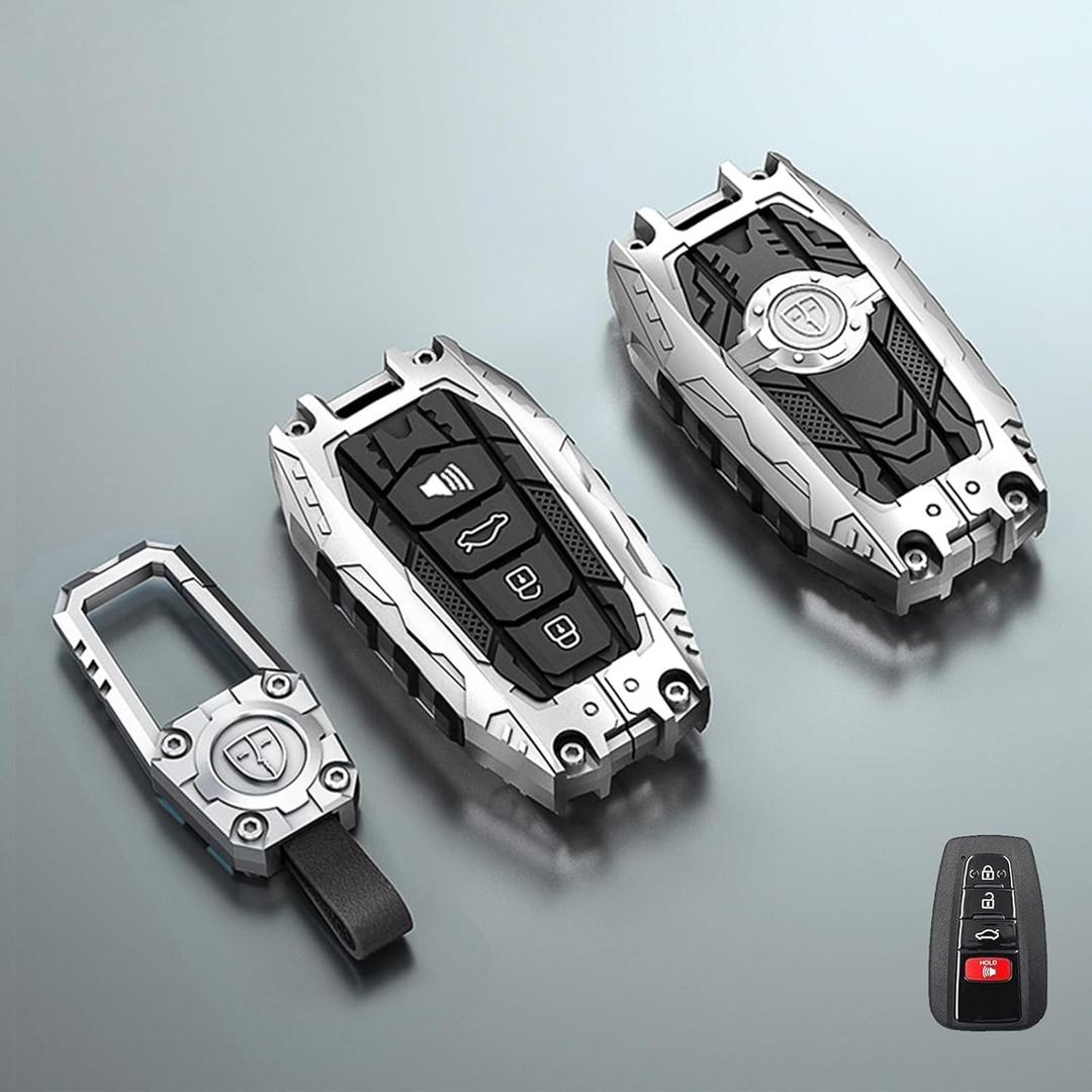 OLLEN Mech Style Heavy Metal Key Fob Cover, Fit for Toyota 4 Button Zinc Alloy Car Key Case, Durable Key Case Protection (Silver, B-Style)