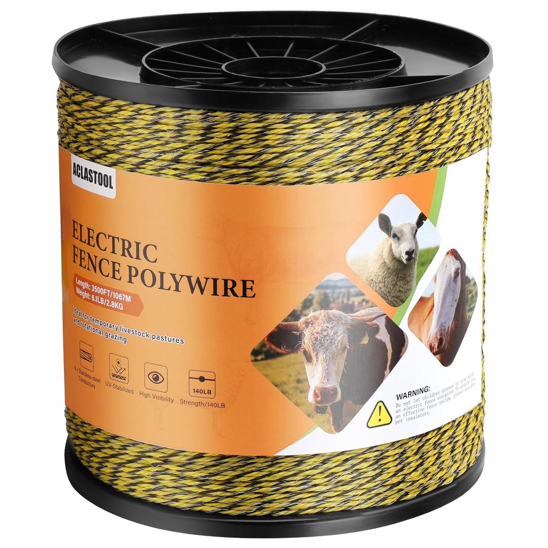 Electric Fence Wire, 3500ft 1067m, Polywire for Portable Livestock Fencing, 6 Stainless Steel Strands for Reliable Conductivity and Rust Resistance, UV Resistant