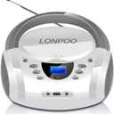 LONPOO CD Players Portable Boombox with FM Radio/USB/Bluetooth/AUX Input and Earphone Jack Output, Stereo Sound Speaker & Audio Player, White