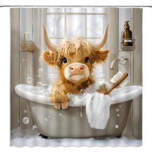 Highland Cow Shower Curtain Funny Bull in Bathtub Bubbles Western Rustic Farmhouse Cattle Cute Calf Wooden Board Watercolor Animal Bathroom Decor Polyester Curtains with Hooks,70Wx70L
