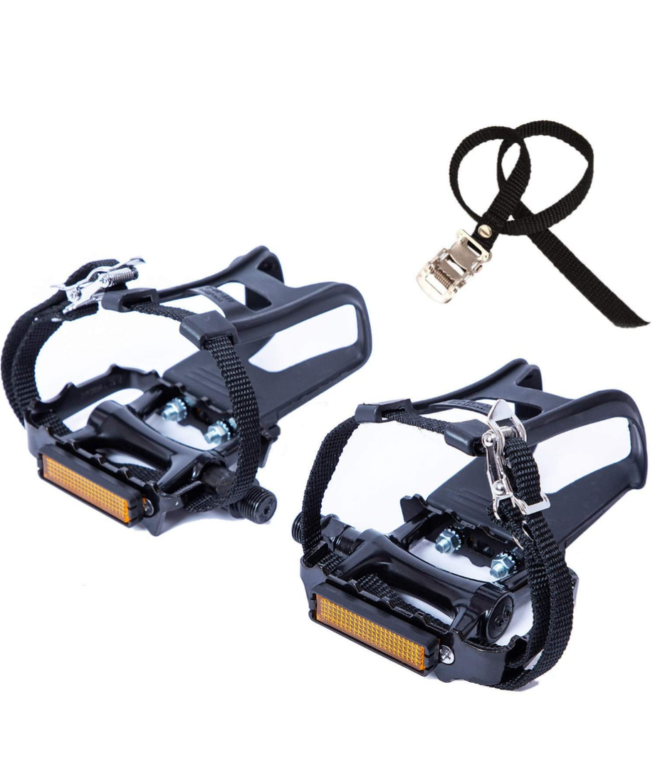 YBEKI All-Terrain Bike Pedals with Toe Clips & Adjustable Straps Dual-Purpose Resin/Alloy Bicycle Pedals 9/16" Spindle - Indoor/Outdoor Use for Exercise/Spin/Road Bikes MTB