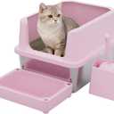 RIZZARI Cat Litter Box: Pink Stainless Steel Odor Control Pan - Easy Clean Non-Porous - 11.6" High Sides Anti-Scatter - Open Top for Fast Scooping - with Scoop - Apartment Bathroom/Laundry Room