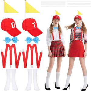 10 Pcs Halloween Costume Set 2 Red Silly Hat with Flag 2 Adjustable Elastic Y Back Suspenders 2 Blue Bow Tie 2 Pair White Stocking Set for Women Men Halloween Cosplay