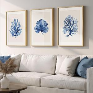 Framed Coastal Coral Wall Art for Living Room, Large Navy Blue Watercolor Coral Artwork for Walls, 3 Piece Minimalist Ocean Beach Marine Plants Pictures Prints for Bedroom Hallway Wall Decor, 16x24 In, 16" W x 24" H x 3Pcs