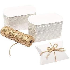 Bright Creations Mini Pillow Gift Pillow Boxes Set with Jute Twine - 100 White Paper Favor Cases for Wedding Favors, Candy & Tiny Treasures