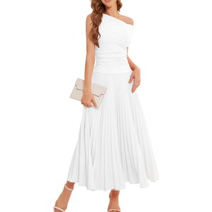 Bbonlinedress White Wedding Maxi Prom Cocktail One Shoulder Pleated Dress Women Wedding Guest Bridal Shower Homecoming Dresses White M