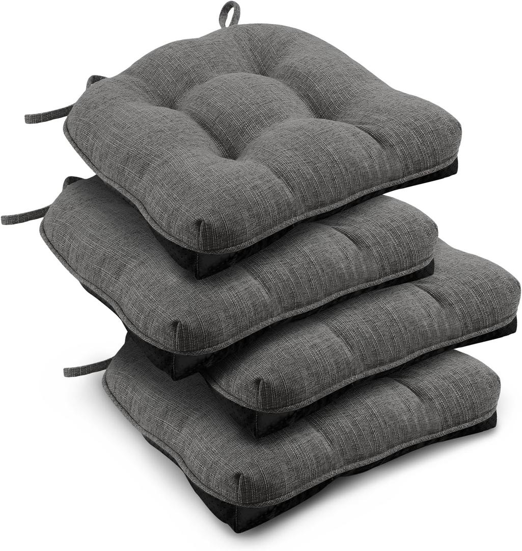 downluxe Indoor Chair Cushions for Dining Chairs, Tufted Overstuffed Textured Foam Kitchen Chair Pads with Ties and Non-Slip Backing, 15.5" x 15.5" x 4", Dark Grey, 4 Pack