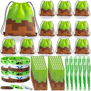 Pixel Theme Party Favors, Miner Game Birthday Party Supplies & Goodie Bags for Kids, Include Drawstring Bags Notebook Silicone Bracelet Highlighter for Gifts Fillers