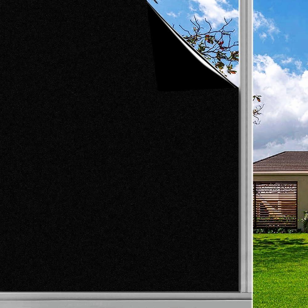 Finnez Blackout Window Privacy Film 100% Light Blocking UV Protection, Removable Static Cling Non-Adhesive Frosted Window Tint for Home Nursery Office Rental Elderly Pet Family
